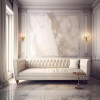 luxury living room with marble walls and white sofa, photo