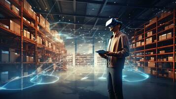 a man wearing virtual reality glasses in a warehouse.  AI generative photo