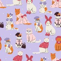 Seamless pattern with cute fashionable cats. Vector graphics.