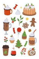 Set of winter Christmas drinks and sweets isolated on white background. Vector graphics.