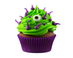 Green one eye monster halloween cupcake isolated on transparent background png