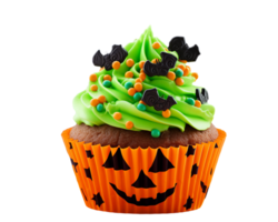 Green cream with bat halloween cupcake isolated on transparent background png