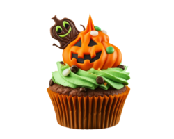 Orange pumpkin monster halloween cupcake isolated on transparent background png