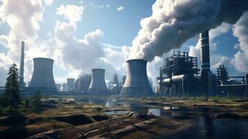 a large industrial plant with smoke coming out of it.  AI generative photo