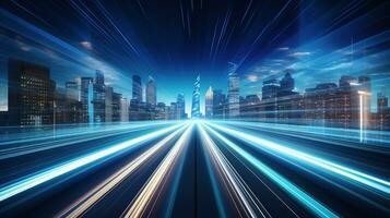 a cityscape with light trails and a city skyline.  AI generative photo