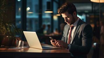 a man in a suit is using his phone while sitting at a table. AI Generative photo