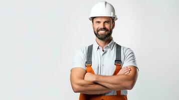 portrait of smiling male construction worker isolated on white background. generative ai photo
