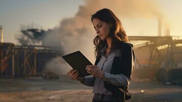 a woman in a business suit holding a tablet computer.  AI generative photo