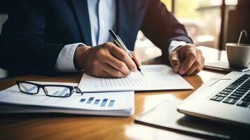 businessman writing on paper with pen and glasses. AI generative photo