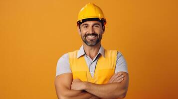 portrait of a smiling man in hard hat on yellow background. AI generative photo