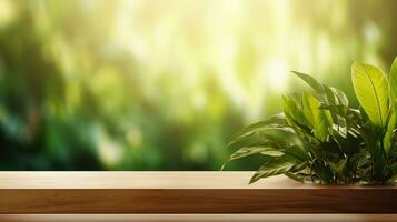 green plant on wooden shelf with blurred background, generative ai. photo