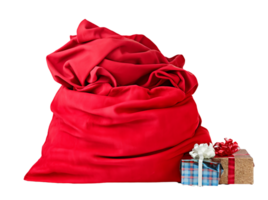 Red big Santa Christmas sack with gift boxes isolated on transparent background png