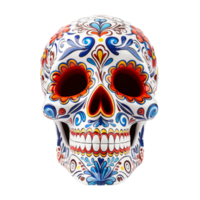 Mexico decorated blue white skull, dia de los muertos skull isolated on transparent background png