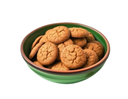 Traditional Dutch oatmeal cookie pepernoot in green bowl isolated on transparent background png