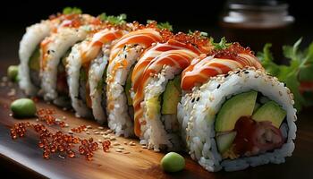 frescura y culturas arrollado arriba en un plato de maki Sushi generado por ai foto