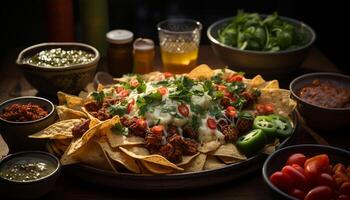 Guacamole taco with tomato, cilantro, and tortilla chip dip generated by AI photo