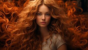 Beautiful woman with long curly blond hair looking sensually at camera generated by AI photo