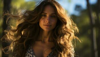 joven mujer con largo marrón cabello, al aire libre, mirando a cámara generado por ai foto