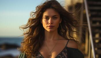 Young adult woman with long brown hair, looking at camera, outdoors generated by AI photo