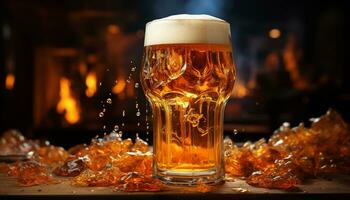 alcohol, cerveza, vaso, bar, pub, mesa, amarillo, frescura, cervecería, espumoso generado por ai foto