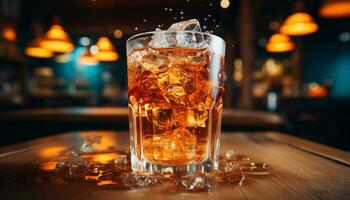 Whiskey glass on table, ice cube melting, drink establishment ambiance generated by AI photo