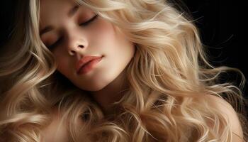 Blond haired woman, beauty, Caucasian, long hair, sensuality, portrait, curly haired, fashion model generated by AI photo