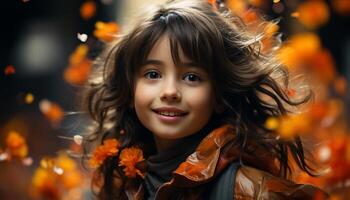 sonriente niña disfruta otoño, jugando al aire libre con vistoso hojas generado por ai foto