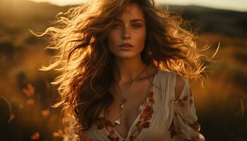 Young woman with long brown hair enjoying the sunset outdoors generated by AI photo