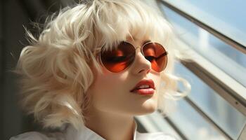 un hermosa joven mujer con rubio pelo vistiendo Gafas de sol al aire libre generado por ai foto