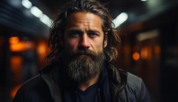 A confident, serious man with a beard looking at the camera generated by AI photo