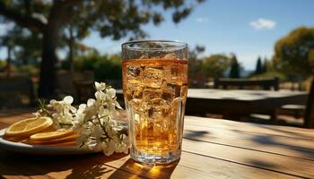 Refreshing summer drink on wooden table, surrounded by nature freshness generated by AI photo