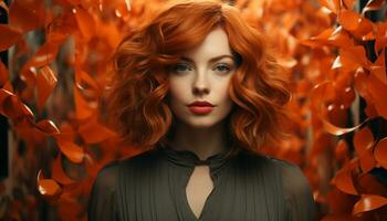 A beautiful young woman with curly red hair and a yellow dress generated by AI photo