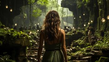 A young woman standing in a tropical rainforest, surrounded by beauty generated by AI photo