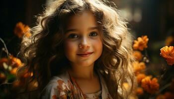 Smiling child, cute outdoors, one person, happiness, cheerful childhood generated by AI photo