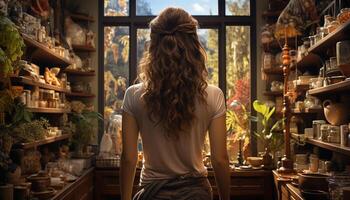 Young woman, owner of small pottery store, choosing ceramics for sale generated by AI photo