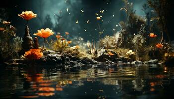 A vibrant underwater landscape with colorful fish and blooming flowers generated by AI photo