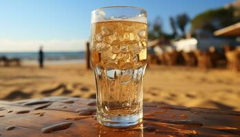 verano atardecer, al aire libre bar, vaso de whisky, refrescante bebida generado por ai foto