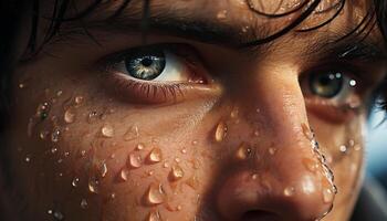 Smiling girl with wet hair, looking at camera, reflecting innocence generated by AI photo