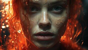 One young adult woman, close up portrait, wet beauty, looking at camera generated by AI photo