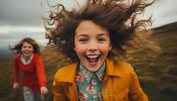 sonriente mujer disfrutando naturaleza, despreocupado y alegre en otoño al aire libre generado por ai foto