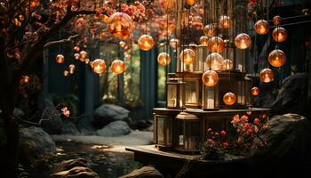 un rústico linterna ilumina el oscuro otoño noche, decorando naturaleza generado por ai foto