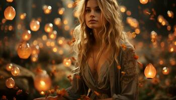 A young woman, illuminated by candlelight, enjoys the autumn night generated by AI photo