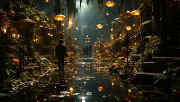 uno persona caminando en el oscuro bosque, iluminado por linterna generado por ai foto