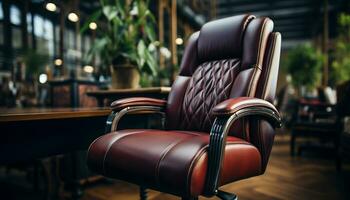 lujo moderno silla, cómodo cuero asiento, elegante diseño, relajación adentro generado por ai foto