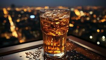 Nighttime celebration in the city, whiskey glasses clink, drinks flow generated by AI photo