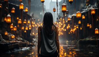 A young woman walking alone at night, illuminated by lantern generated by AI photo