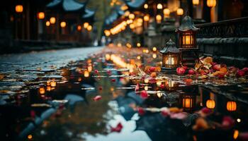 Night lanterns illuminate winter celebrations with candle decorations and cultural traditions generated by AI photo