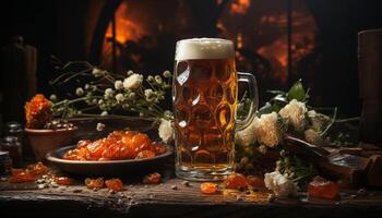 Freshness of autumn celebrated with beer in a rustic pub generated by AI photo