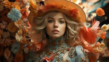 A beautiful young woman with blond hair in autumn fashion generated by AI photo