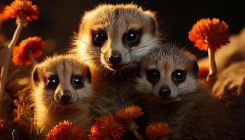 Cute small mammal looking at camera, playful puppy sitting outdoors generated by AI photo